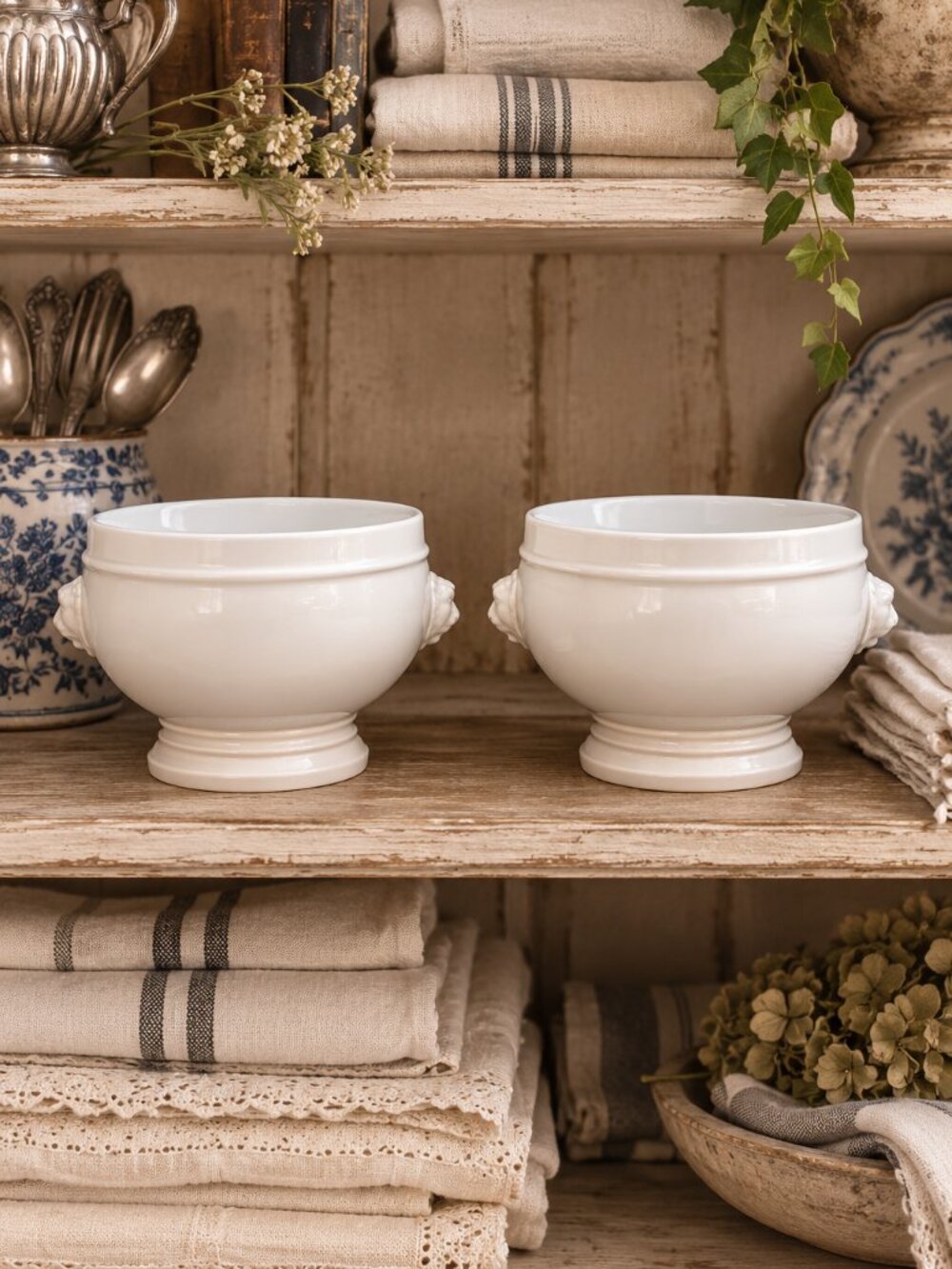 Set of 2 New Pillivuyt France Lion Head Soup Bowls Footed Ironstone Mini Tureens - Picture 2 of 11